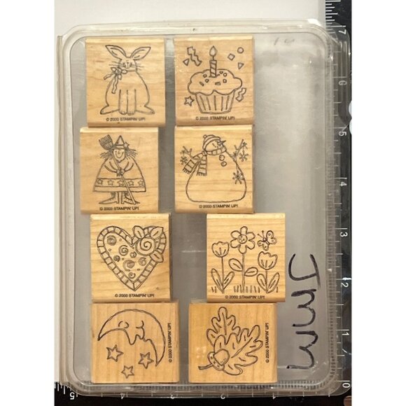 (1) STAMPIN' UP! JUST FOR FUN Wood Mounted Rubber Stamp set of 8 HOLIDAY HEART - Picture 2 of 3